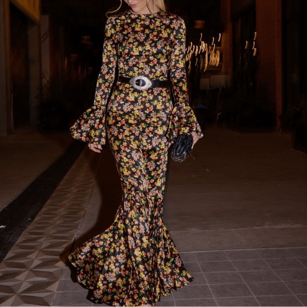 Caroline Constas Gold Tiered Bell Sleeve Gown